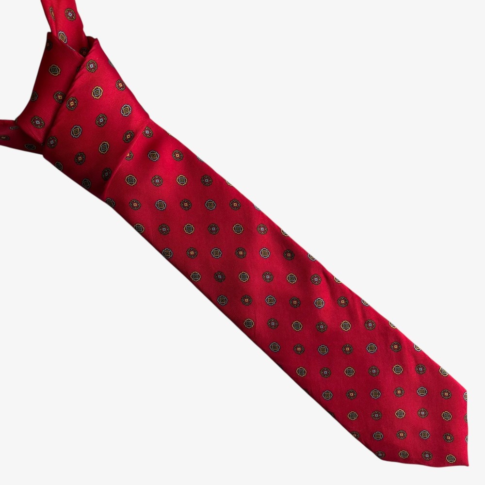 Vintage 80s Hardy Amies Abstract Geometric Print Red Silk Tie, Retro 90s Circle