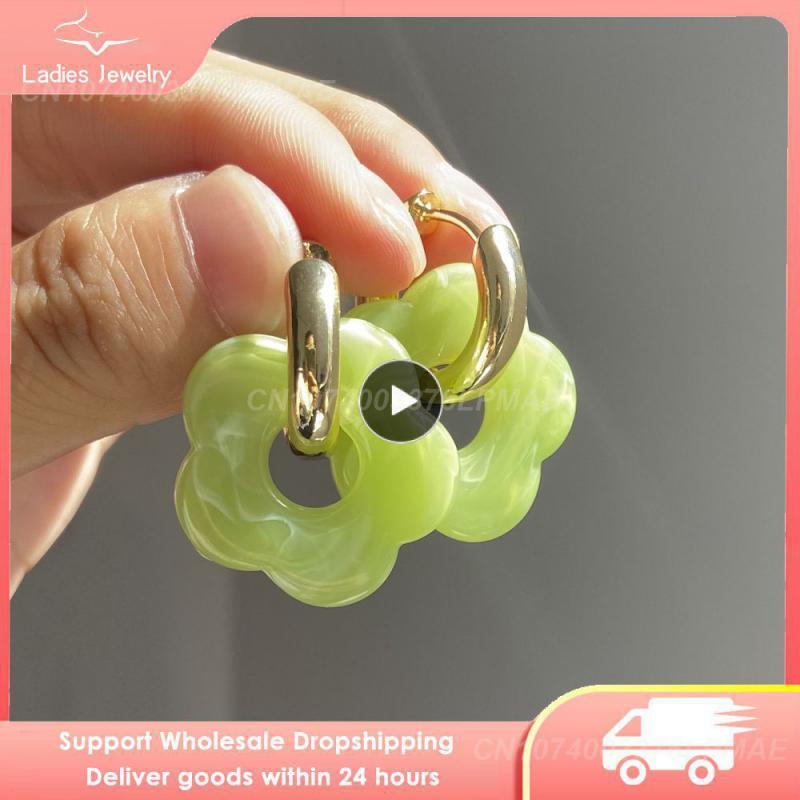 New Colorful Flower Resin Acrylic Charms Earring Gold Color Circle Ear Buckle Ho