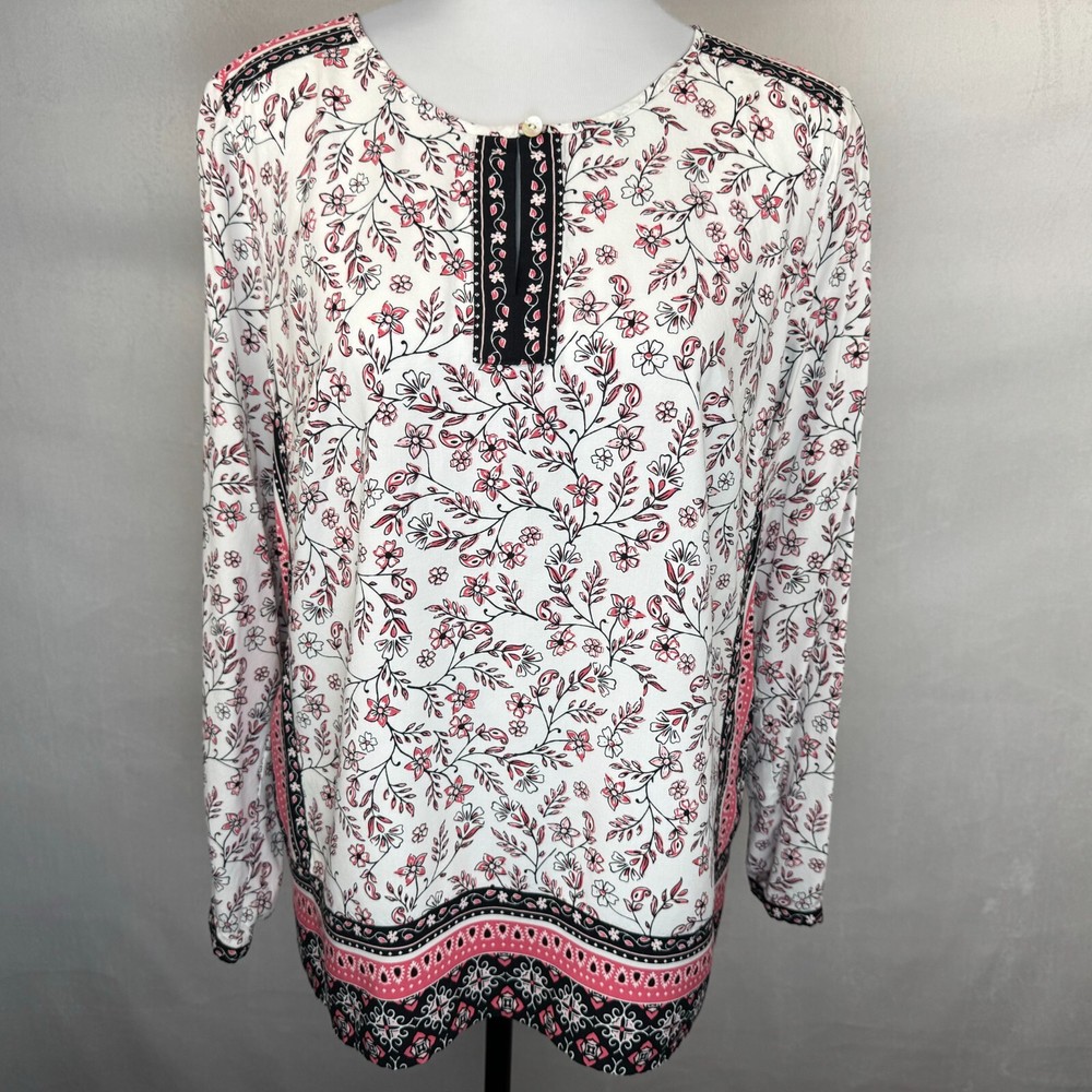 J. Jill Women Sz M Tunic White Floral Print Border Split Neck Long Sleeve