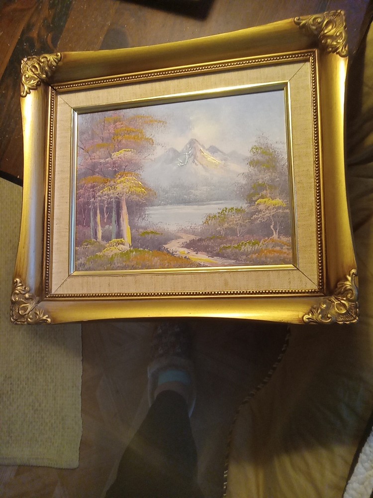 Oil Painting Signed Reuben Landscape Art Mountain Lake Gold Frame Forest Treed