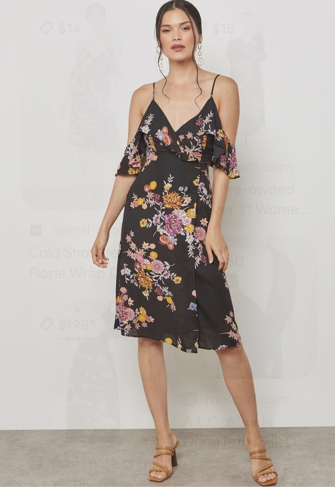 Forever 21 Black Tropical Floral Print Cold Shoulder Dress Size Small
