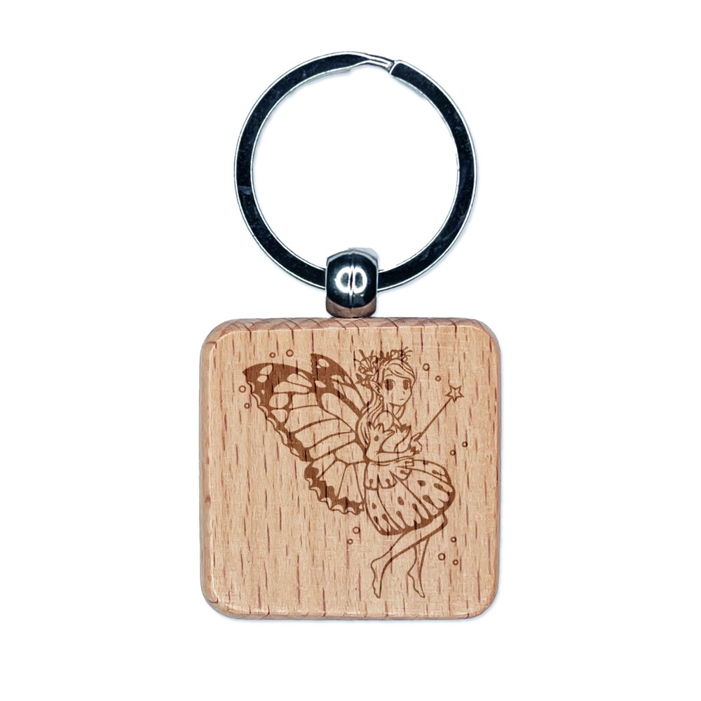 Cute Butterfly Fairy Girl Wooden Keychain Charm with Engraved Design