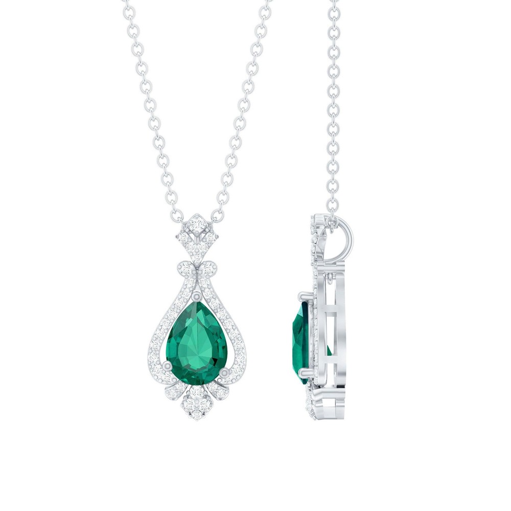 Certified Lab Grown Emerald Vintage Necklace with Silver Chain, Aaaa Quality,...