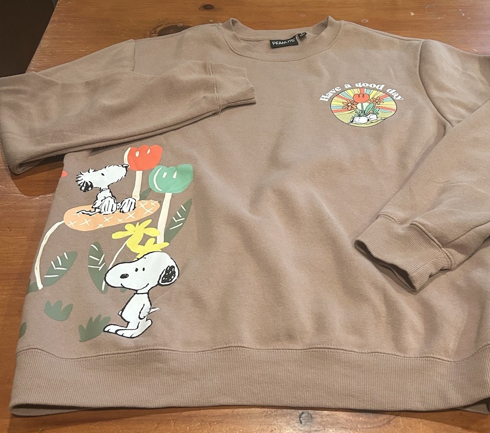 Snoopy and Woodstock Have A Good Day Fleece Tan Sweatshirt Large Unisex