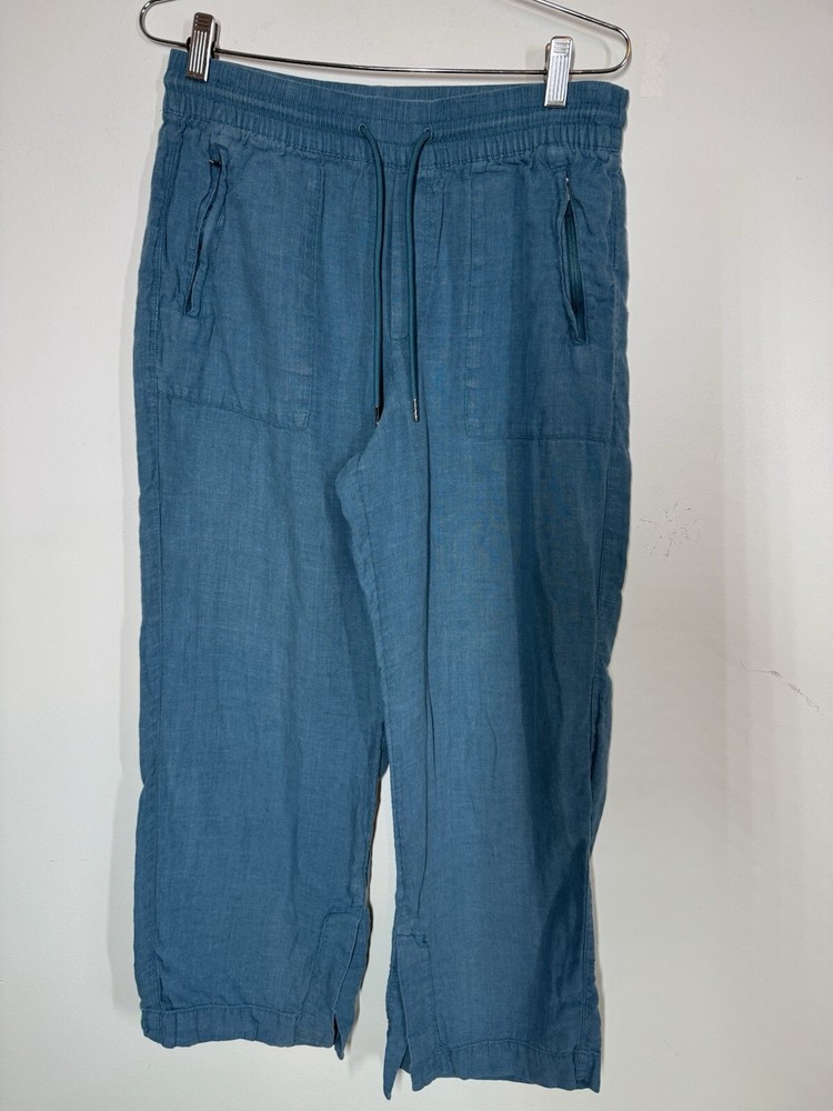 Athleta Retreat Wide Leg Teal Pull On Linen Pants Size 10 Relax Cruise Beach
