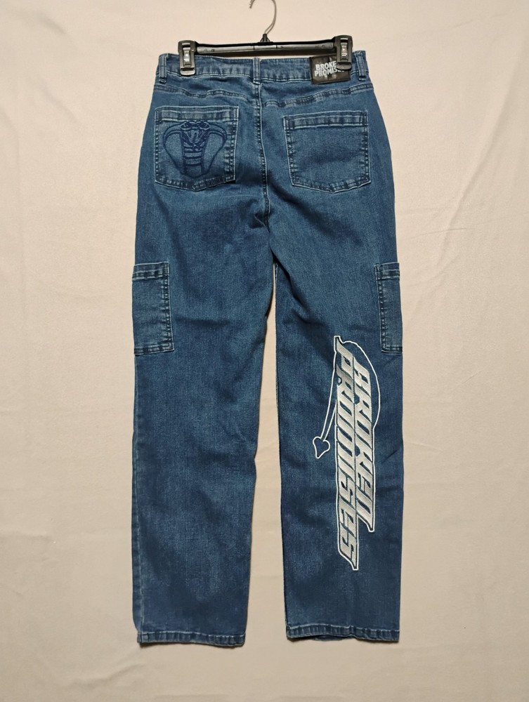 Broken Promises Womens Jeans 4 Cargo Embroidered Snake Cobra Y2K Skater Hip Hop