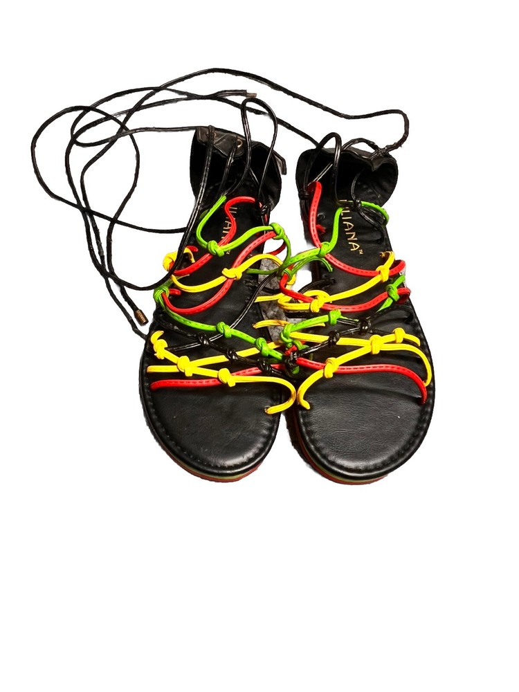 Liliana Womens Rainbow Tie-Up Sandals Black Red Green Yellow Size 8