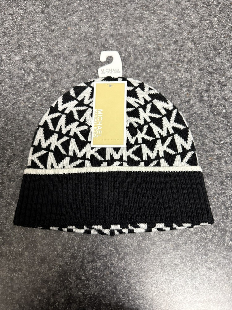 Michael Kors Black White Cream MK Logo Cuff Beanie Knit Hat NWT
