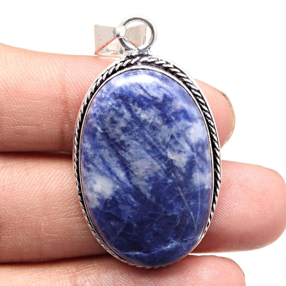 Sodalite Gemstone Pendant Necklace Silver Jewelry Gift For Women 2 Inch
