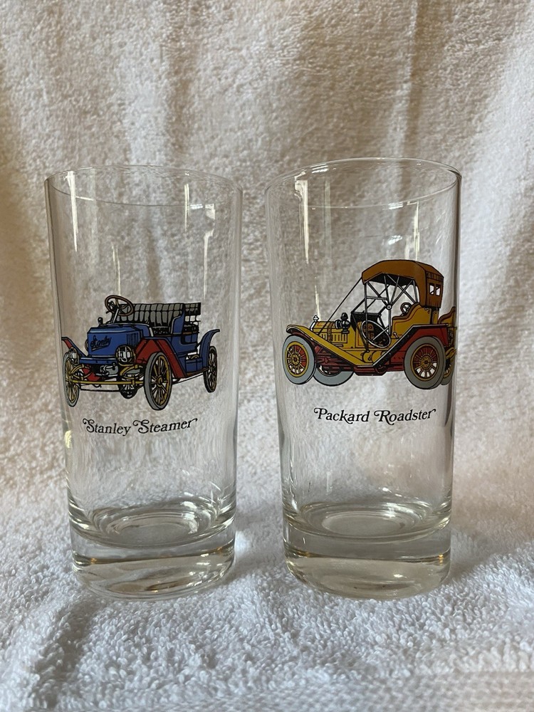 Vintage Stanley Steamer and Packard Roadster glass drinking cups