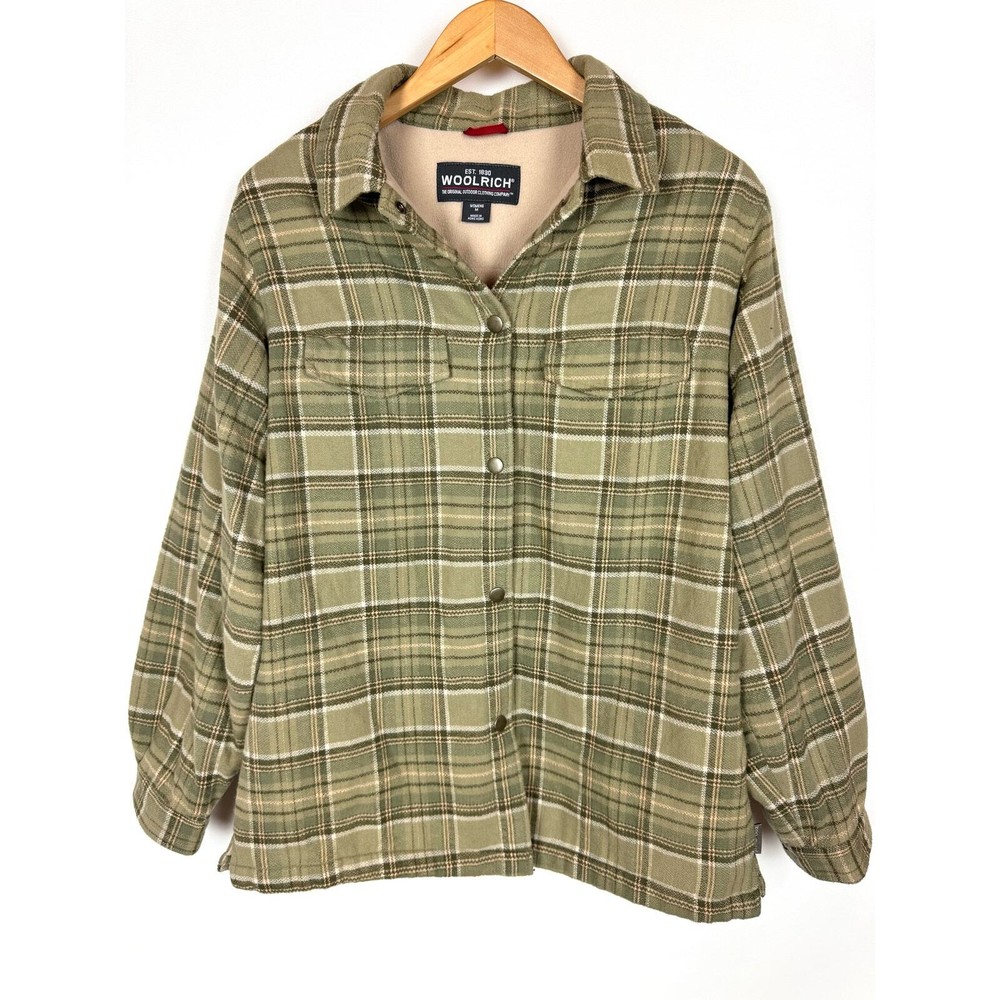 WOOLRICH Women Flannel Lined Plaid Chunky Jacket Button Front CottageCore Green