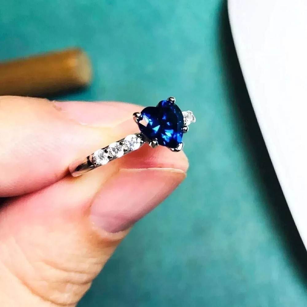 1.20Ct Heart Simulated Blue Sapphire Pretty Promise Ring 14k White Gold Plated