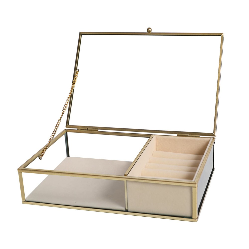 Elegant Glass Jewelry Organizer Box with Gold Frame & Velvet Lining