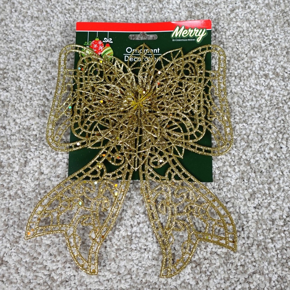 Merry by Christmas House Gold Glitter Lace Bow Ornament Decoration