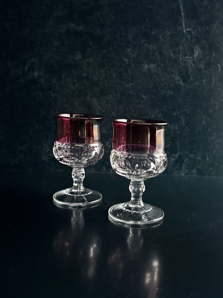 Vintage Cranberry Flash King’’s Crown Thumbprint Goblets Set Of 2 Red Rim Glass