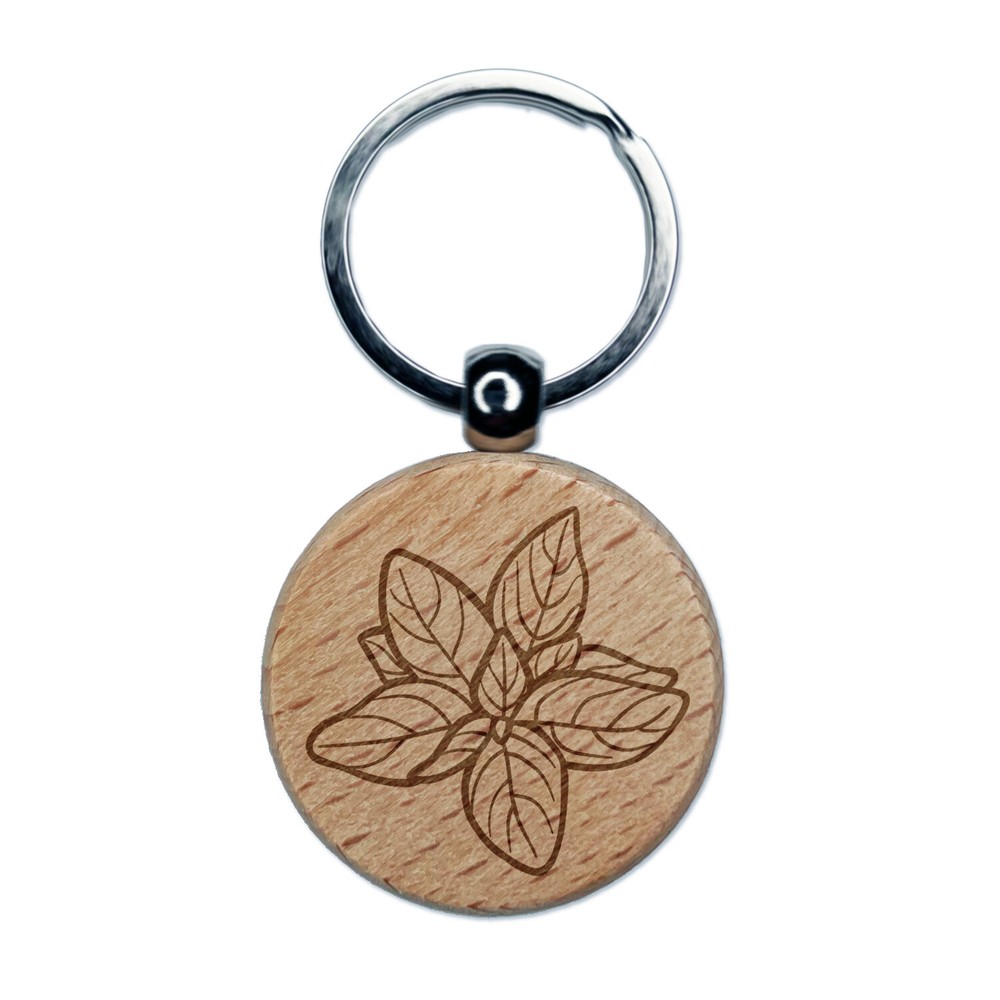 Basil Herb Plant Engraved Wood Round Keychain Tag Charm