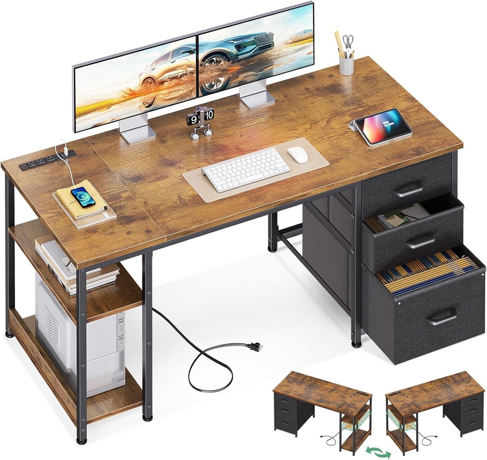AODK 51 Inch Computer Desk with Fabric Drawers & USB Power Outlets, Reversible