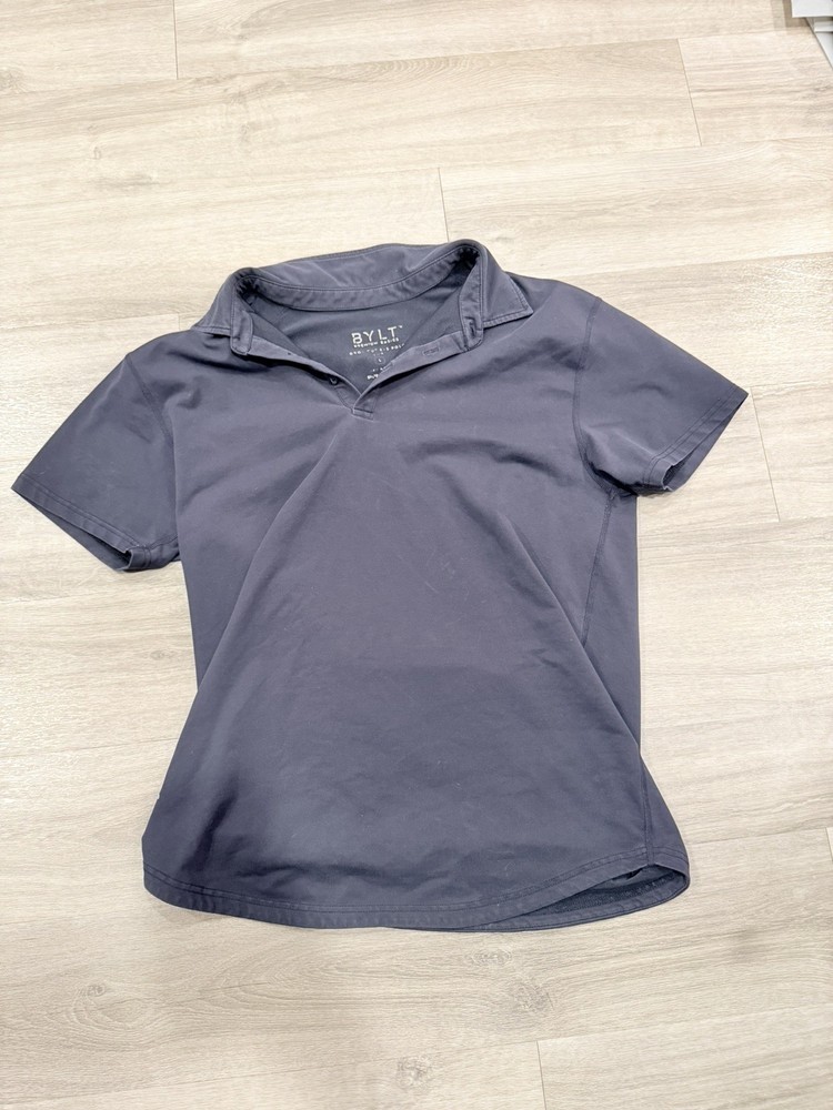 BYLT Polo Shirt Mens Large Navy Blue LUX Short Sleeve Drop Cut Stretch Casual