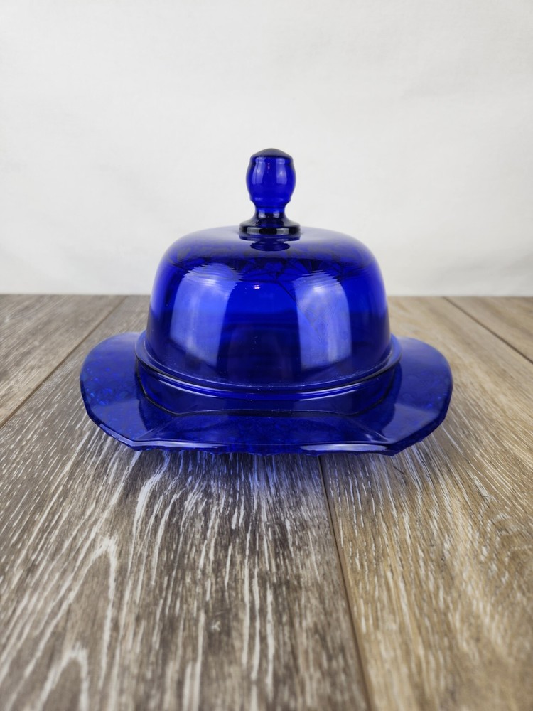Vintage Cobalt Blue Glass Daisy & Button Round Butter Dish