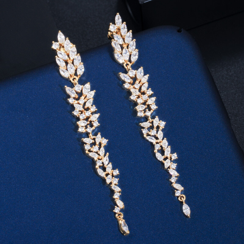 CWWZircons Gold Long Leaf Cubic Zirconia Bridal Drop Earrings for Weddings