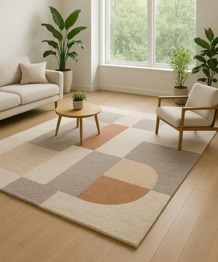 New Modern Luxury Hand Tufted Wool Rug: Beige Cream Geometric Abstract Carpet ru