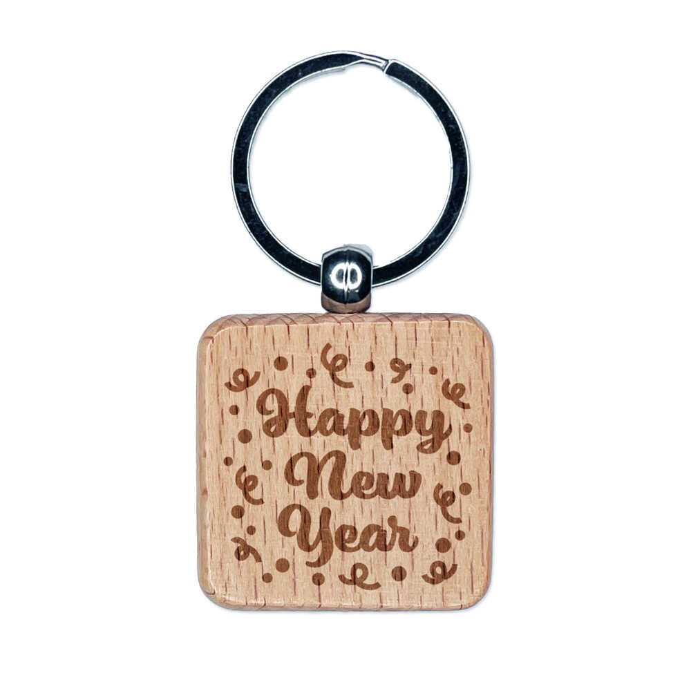 Happy New Year Confetti Laser Engraved Wooden Keychain Charm  