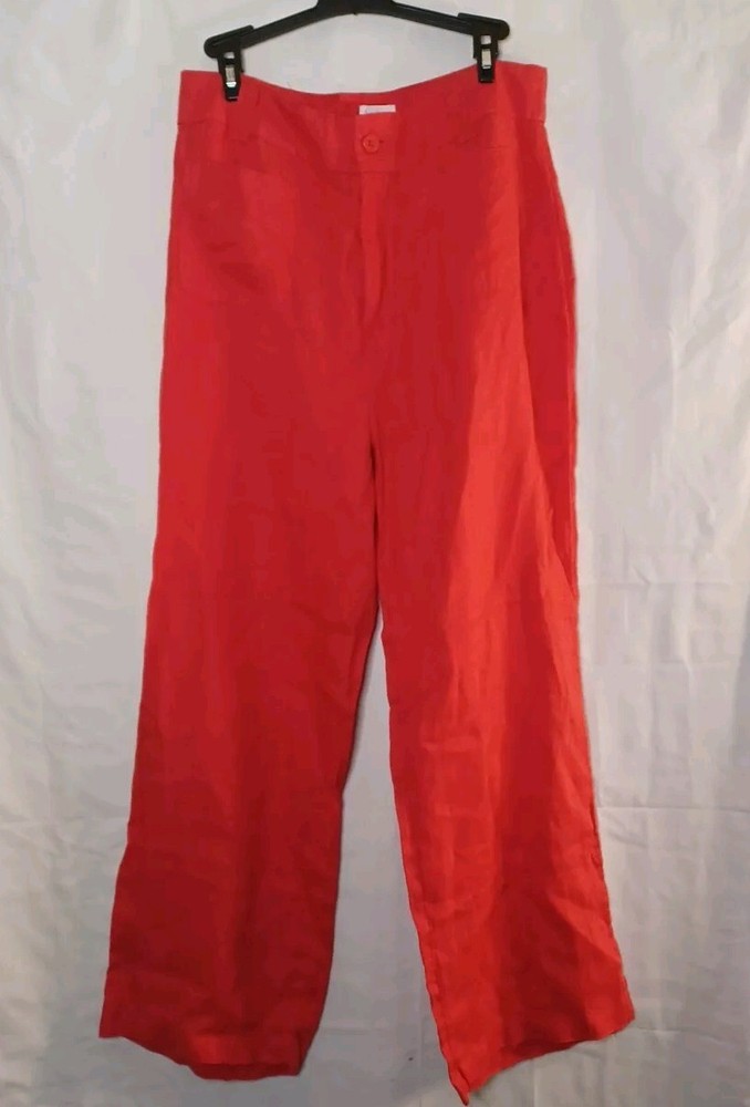 Nicole Miller Wide Leg Pants Women's Sz 10 Red 100% Linen Relaxed Travel Beachy