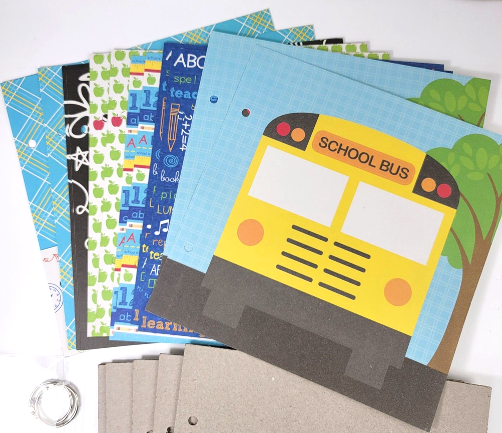 Back To School Bus Chipboard Album Kit 2 Sided Printed Design Papers Folders 8x8-image