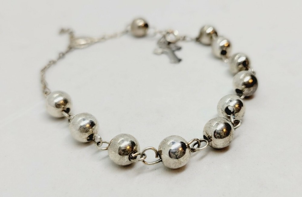 ROSARY BEADED Bracelet Religious Jewelry Christian Silver Tone BALL Linked 9