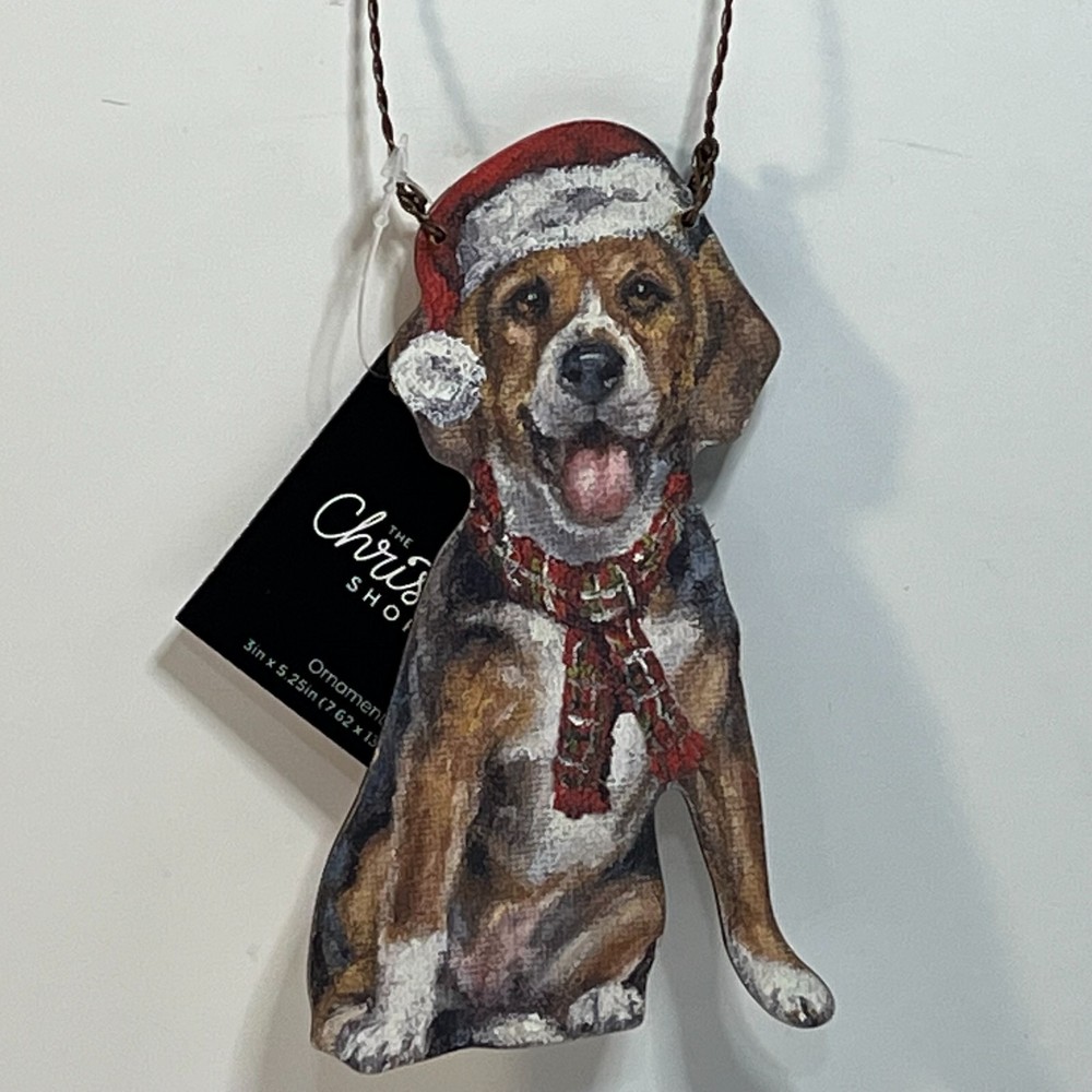Festive Beagle Dog Wooden Christmas Ornament with Plaid Scarf and Santa Hat 5.25x3 Inches