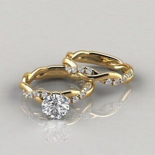 3Ct Round Cut Simulated Diamond Women's Bridal Set Ring 14K Yellow Gold Plated