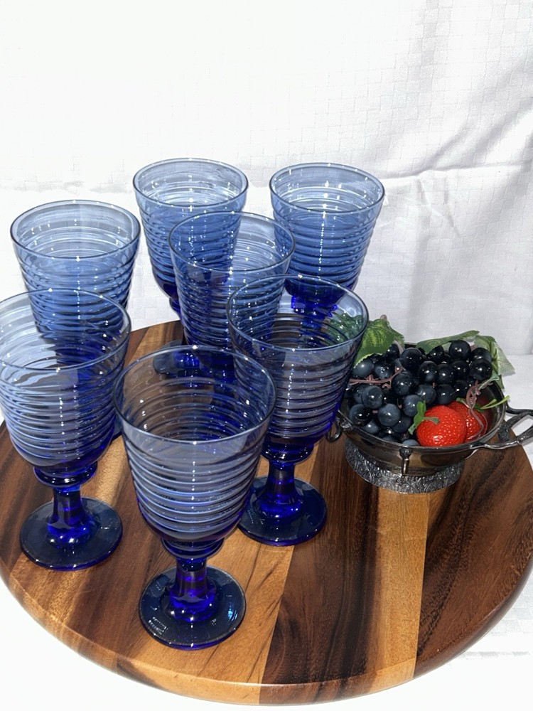 SET OF 7 Vintage Libbey Stemmed Sirrus Light Blue Ribbed Glass Drinking Goblets