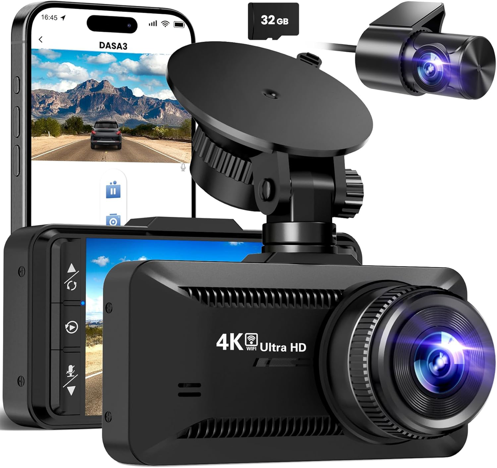 4K Dual Dash Cam with WiFi, 32GB SD Card, G-Sensor, 24Hr Parking Mode