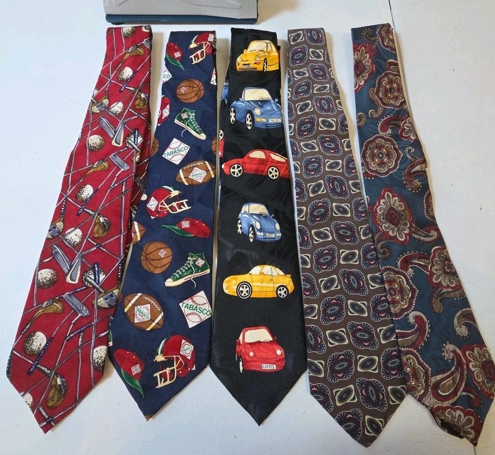 Lot 5 Men’s Novelty & Silk Neckties Golf Sports Tabasco Cars Paisley Classic