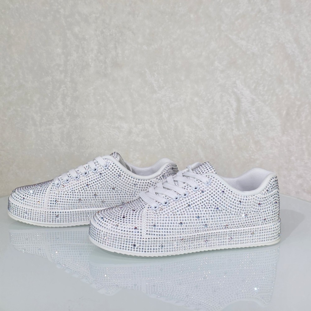 Street Glam White Rhinestone Platform Sneakers Tennis Shoes