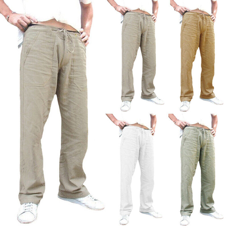 Mens Loose Linen Cotton Straight Pants Elastic Waist Casual Trousers Streetwear