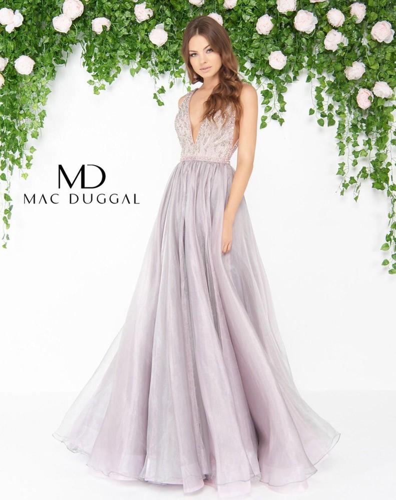 Mac Duggal Plunging V-Neck Beaded Organza Flowy A-Line Prom Gown Size 6