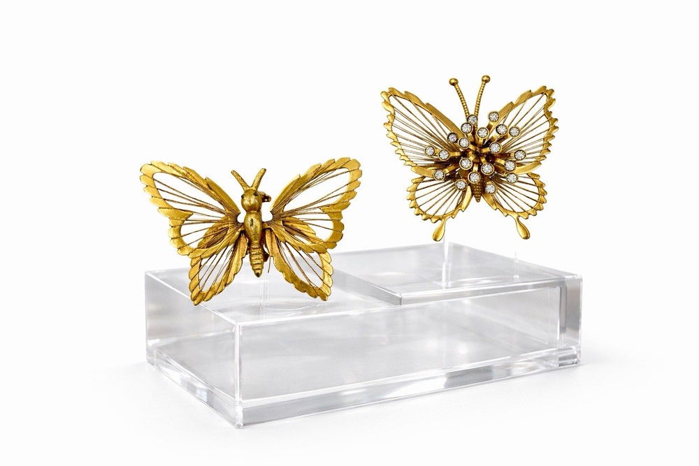 Vintage Monet Gold Tone Butterfly Brooch Lot of 2 Wire Wing Rhinestone Pins