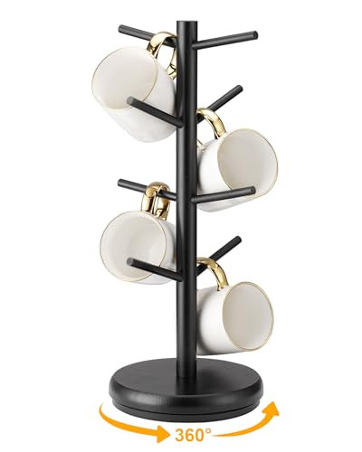 Coffee Mug Tree, 360° Rotated Mug Holder with 8 Hooks, Wooden Coffee Cup