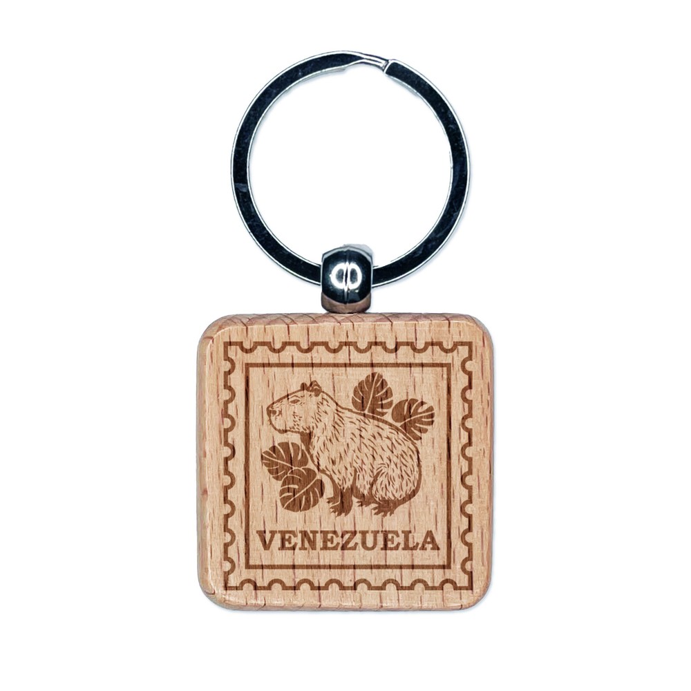 Venezuela Travel Friendly Capybara Engraved Wood Square Keychain Tag Charm