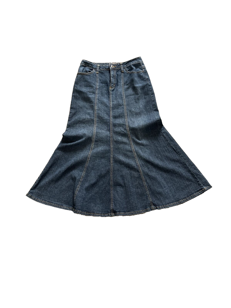 VINTAGE Y2K Denim Skirt Women's 4 Blue Maxi Long Jean Mermaid Dark Wash Flared