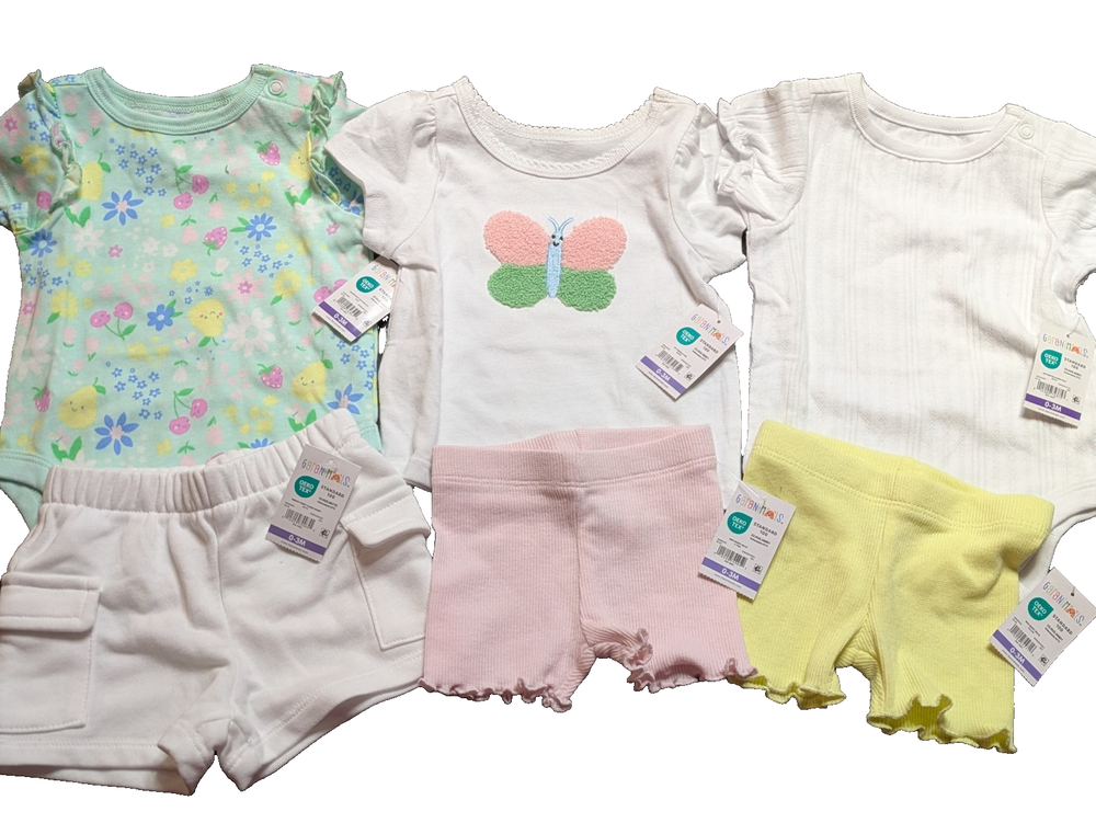 NWT Garanimals Baby Girl 6-Pc Summer Bundle Size 0-3M Bodysuits Shorts Set