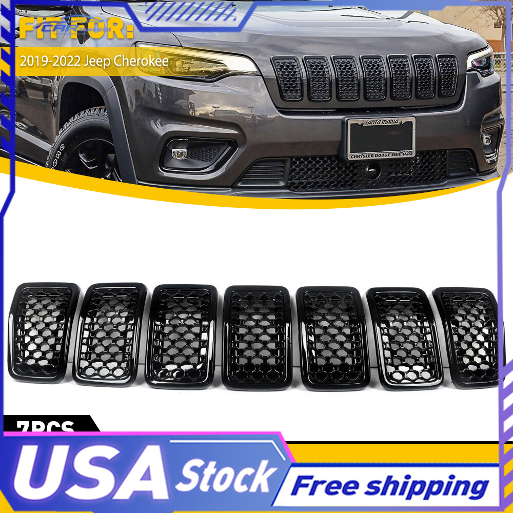 7X Glossy Black Honeycomb Grille Mesh Grill For Inserts 2019-2022 Jeep Cheroke