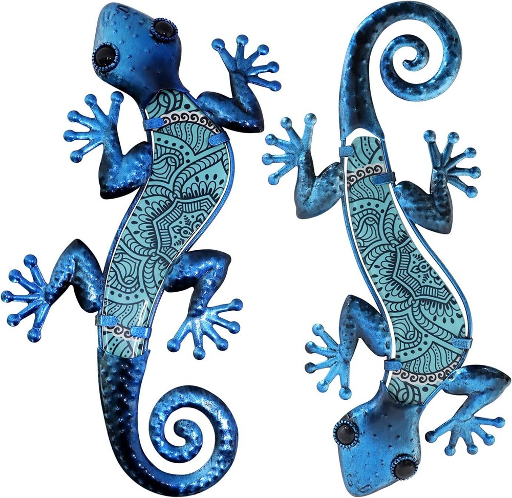 2 Pcs Metal Gecko Wall Art Sculpture for Outdoor Garden Décor - Blue