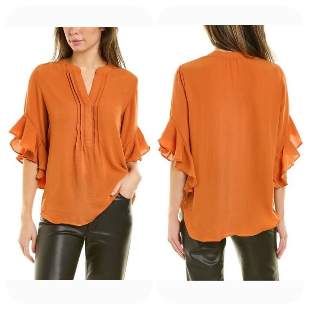 Vince Camuto Blouse Ruffle Sleeves Sz L, Burnt Orange