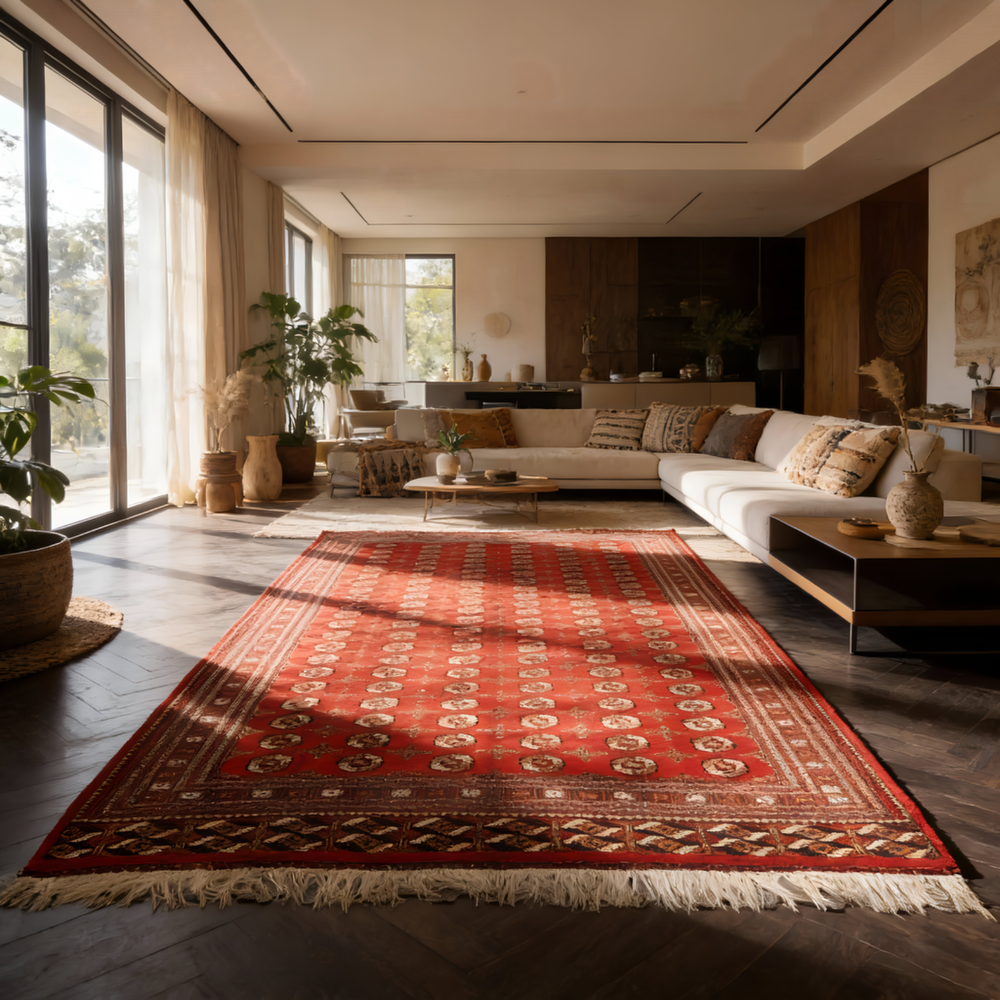 10x15 Turkmen Vintage Rug Hand Woven: Red Oversize Long Living Room Rug