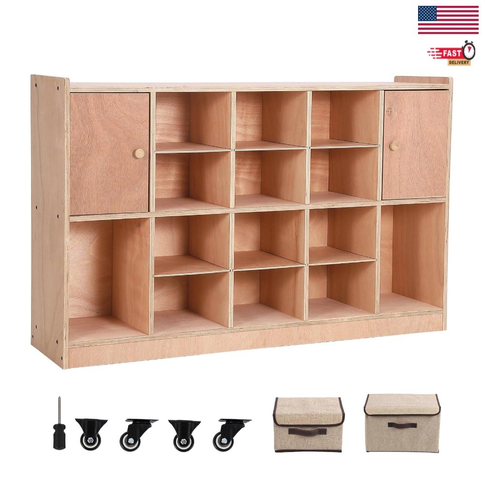 12 Cubbies Storage Cabinet w/ 2 Cabinet Doors Storage Shelf Boxes for Home Wood