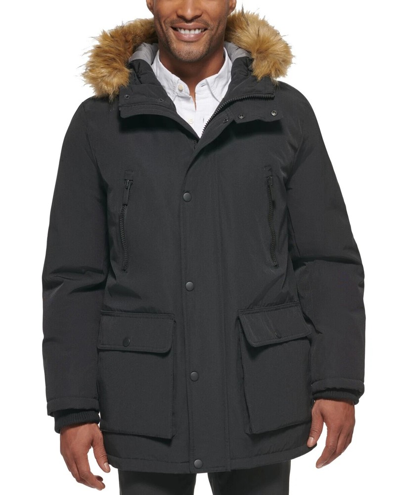 Club Room Mens Removable Faux Fur Hood Parka Jacket Black,   L