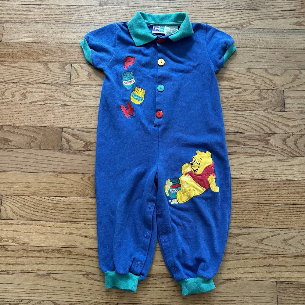Vintage Disney Pooh Romper 1 Piece Outfit Infant 24M Cotton Blue Buttons