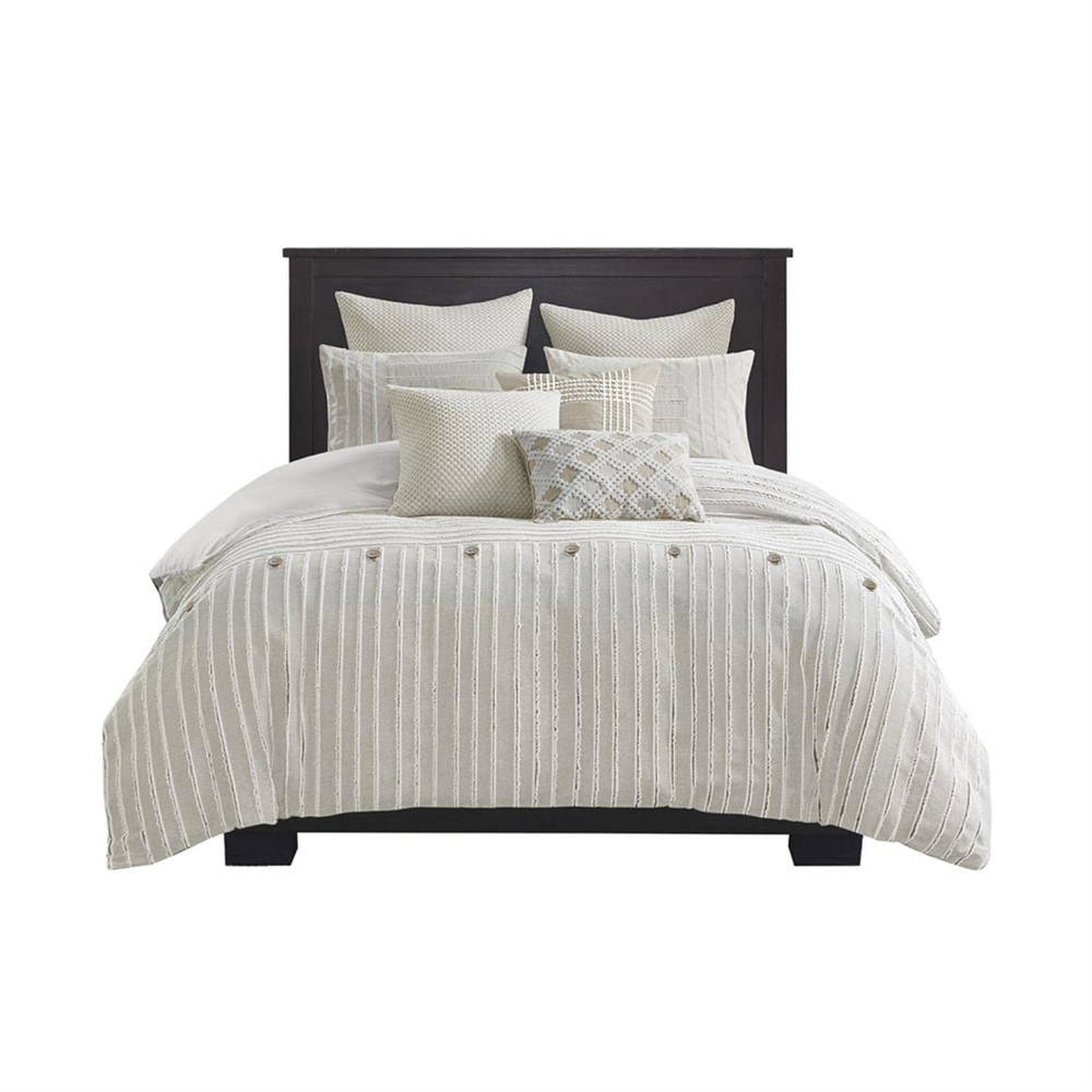 Boho Striped Queen Comforter Set with Clipped Jacquard and Button Details